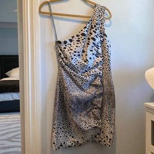 Off one shoulder roughing down the front grey and black silk dress